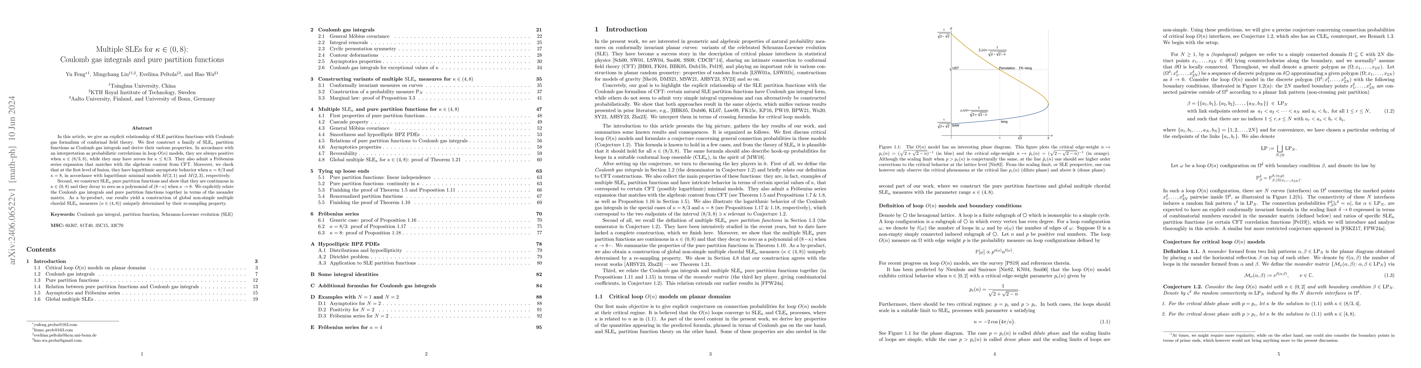 Thumbnail for Multiple SLEs for $\kappa\in (0,8)$: Coulomb gas integrals and pure
  partition functions