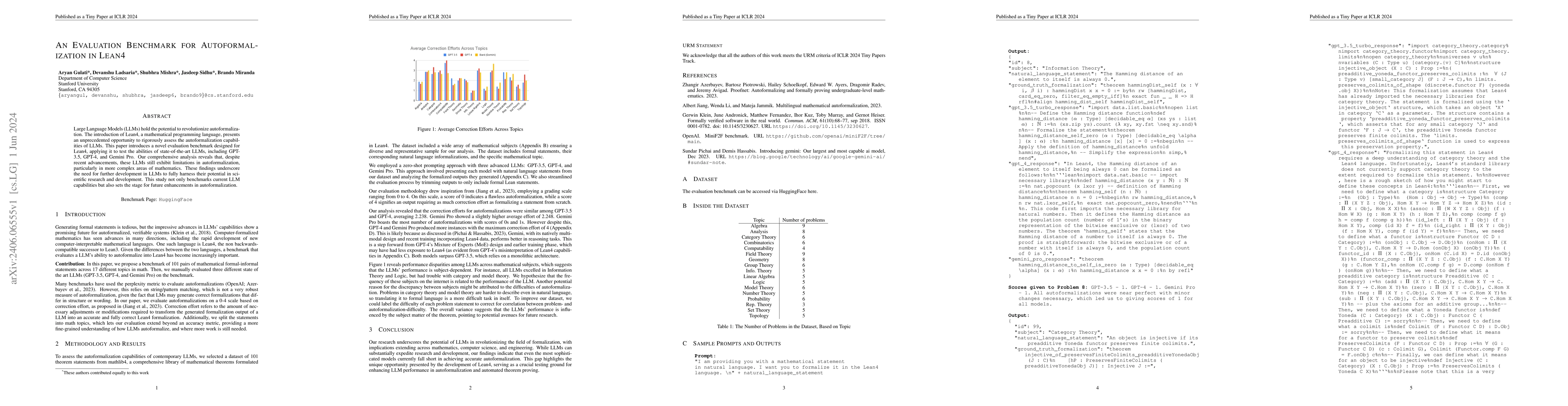 Thumbnail for An Evaluation Benchmark for Autoformalization in Lean4