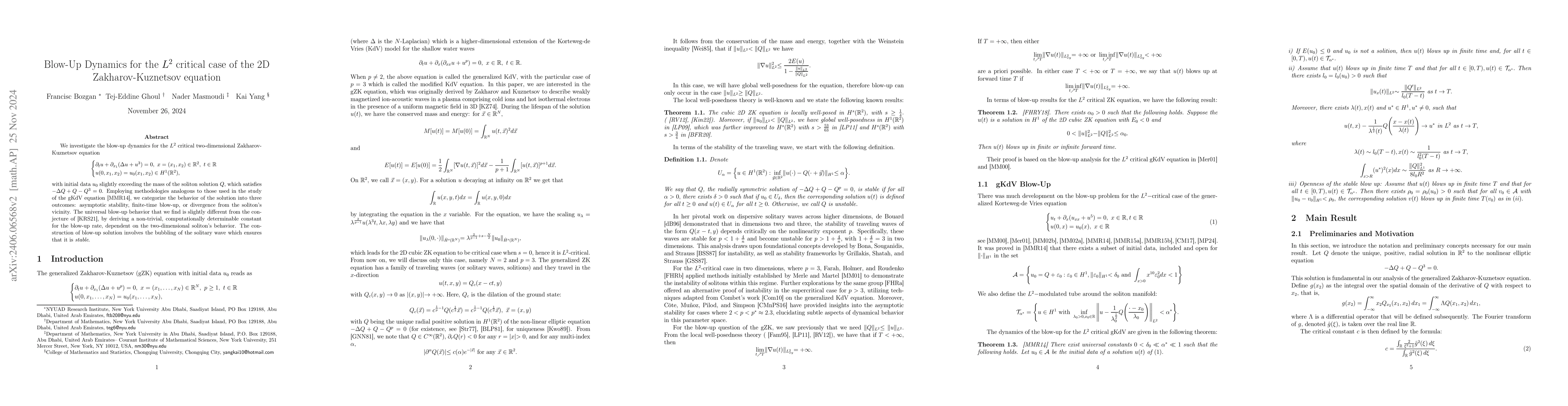 Thumbnail for Blow-Up Dynamics for the $L^2$ critical case of the $2$D
  Zakharov-Kuznetsov equation