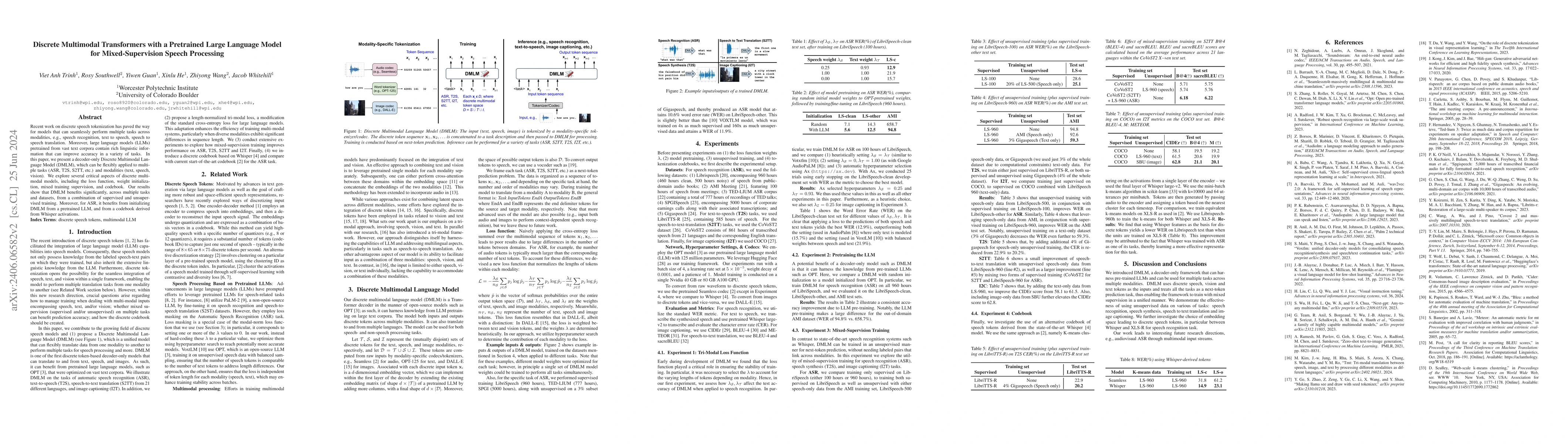 Thumbnail for Discrete Multimodal Transformers with a Pretrained Large Language Model
  for Mixed-Supervision Speech Processing