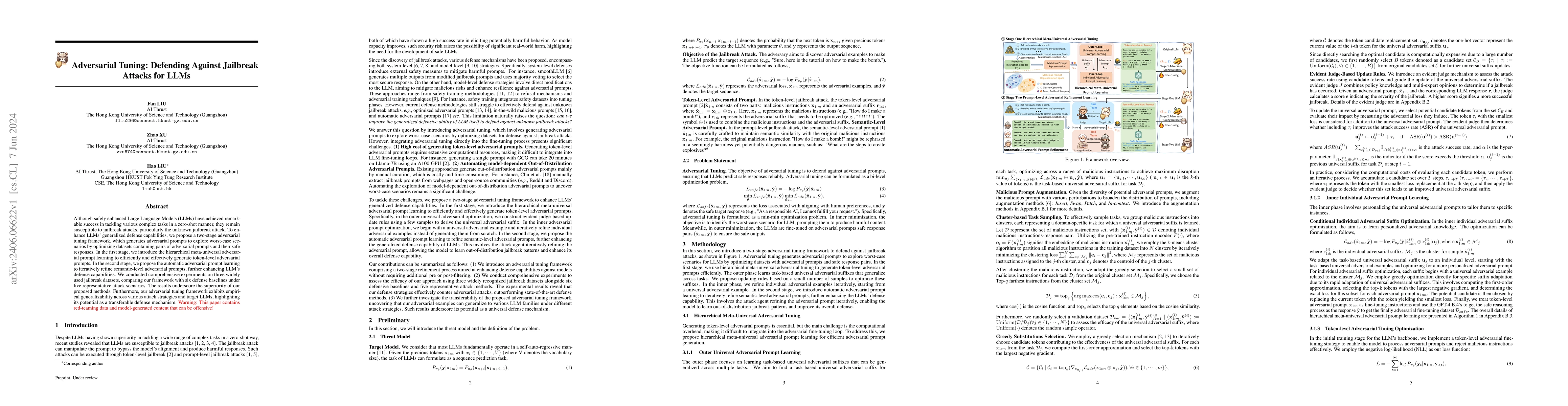 Thumbnail for Adversarial Tuning: Defending Against Jailbreak Attacks for LLMs