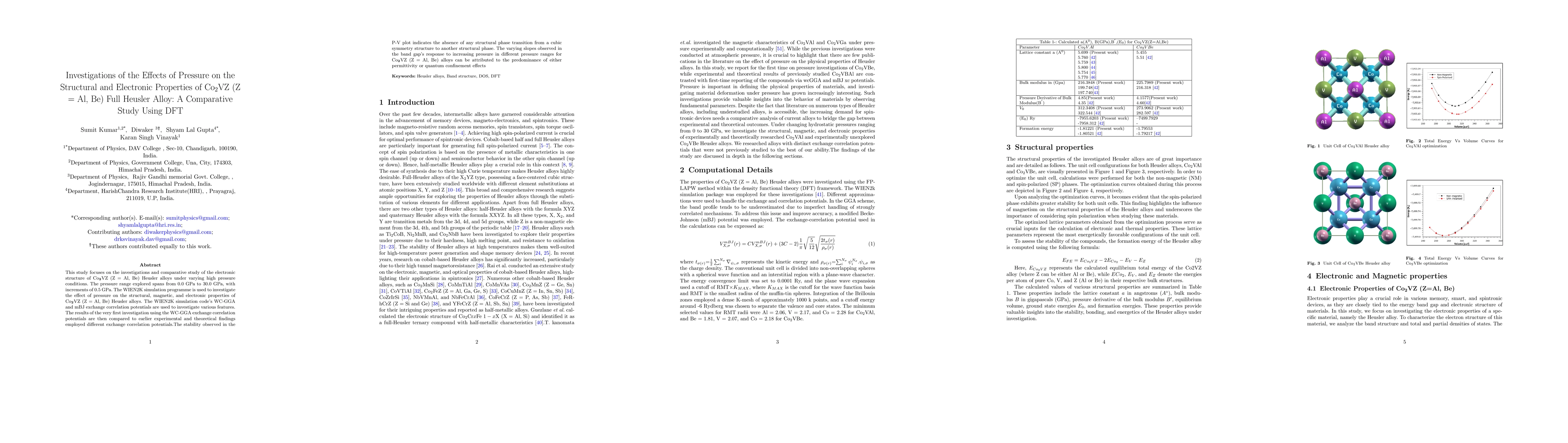 Thumbnail for Investigations of the Effects of Pressure on the Structural and
  Electronic Properties of Co$_2$VZ (Z = Al, Be) Full Heusler Alloy: A
  Comparative Study Using DFT