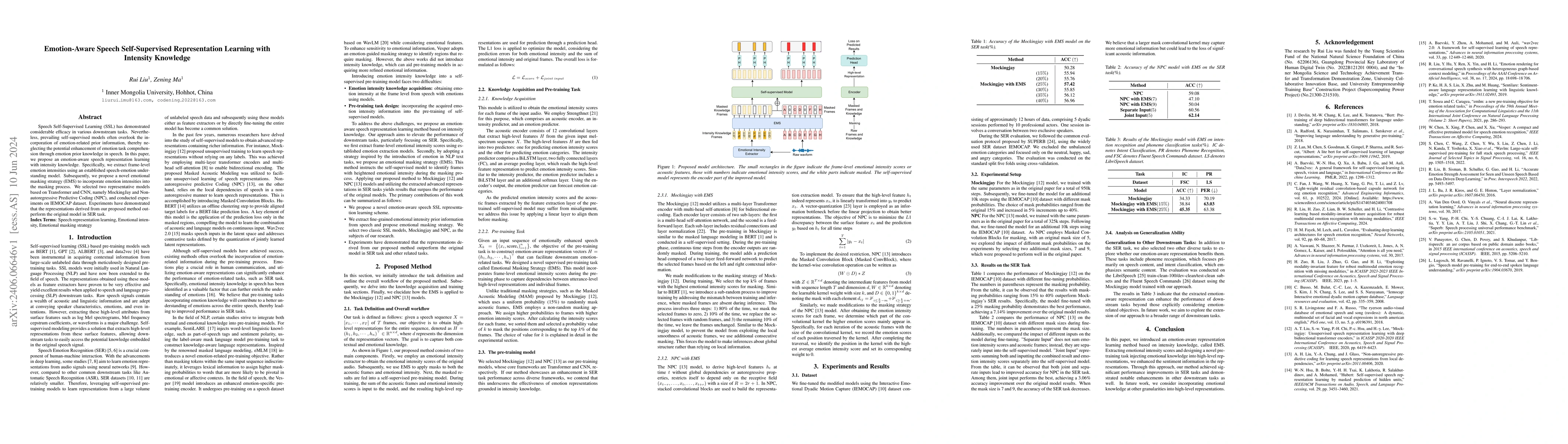 Thumbnail for Emotion-Aware Speech Self-Supervised Representation Learning with
  Intensity Knowledge