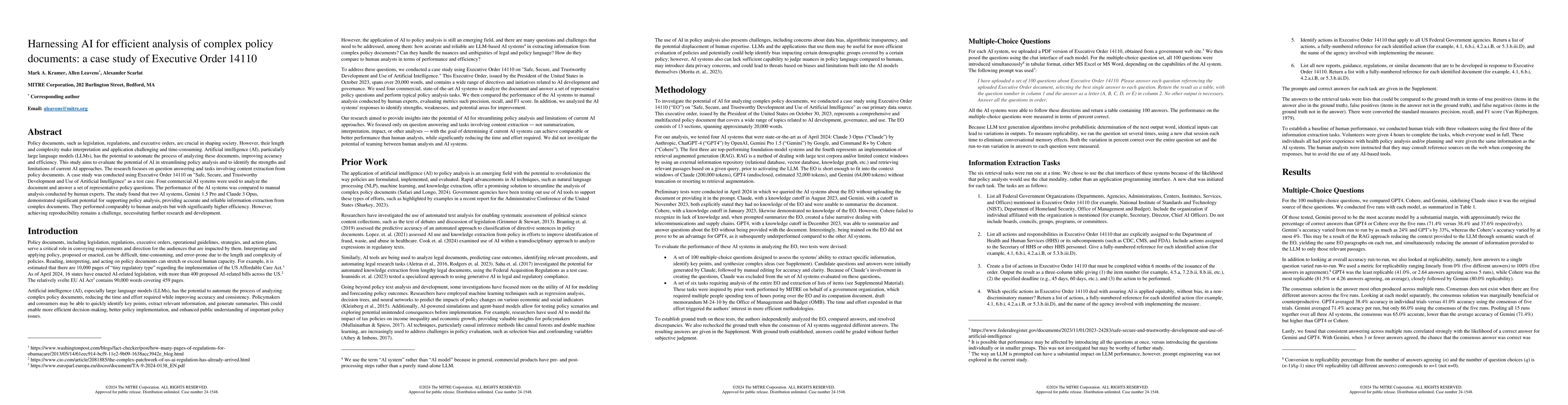 Thumbnail for Harnessing AI for efficient analysis of complex policy documents: a case
  study of Executive Order 14110