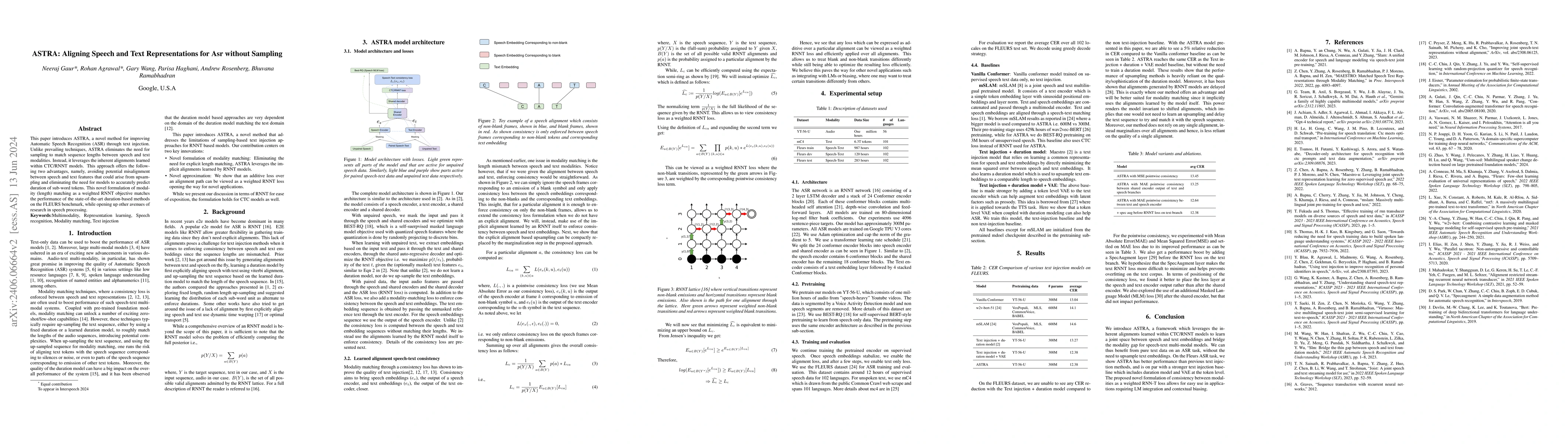 Thumbnail for ASTRA: Aligning Speech and Text Representations for Asr without Sampling