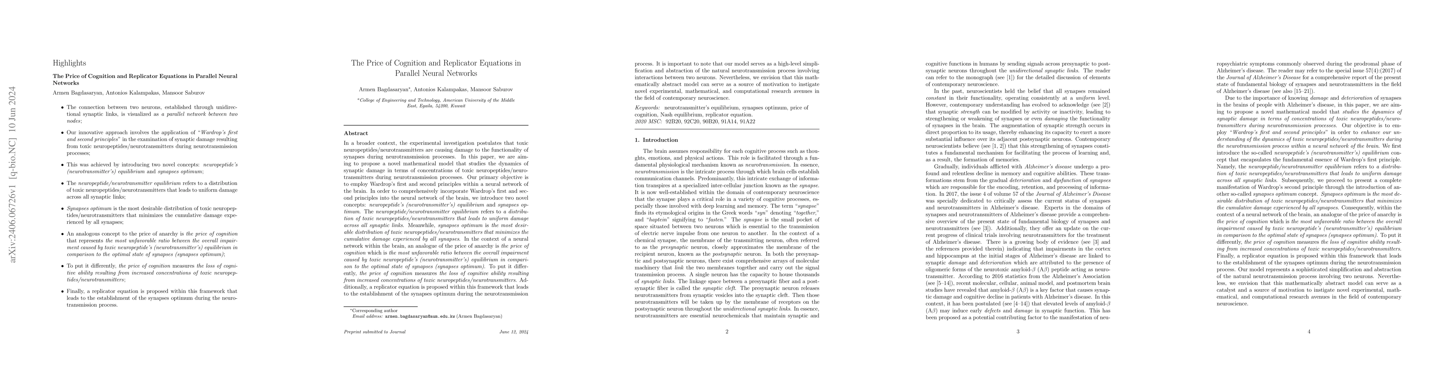 Thumbnail for The Price of Cognition and Replicator Equations in Parallel Neural
  Networks