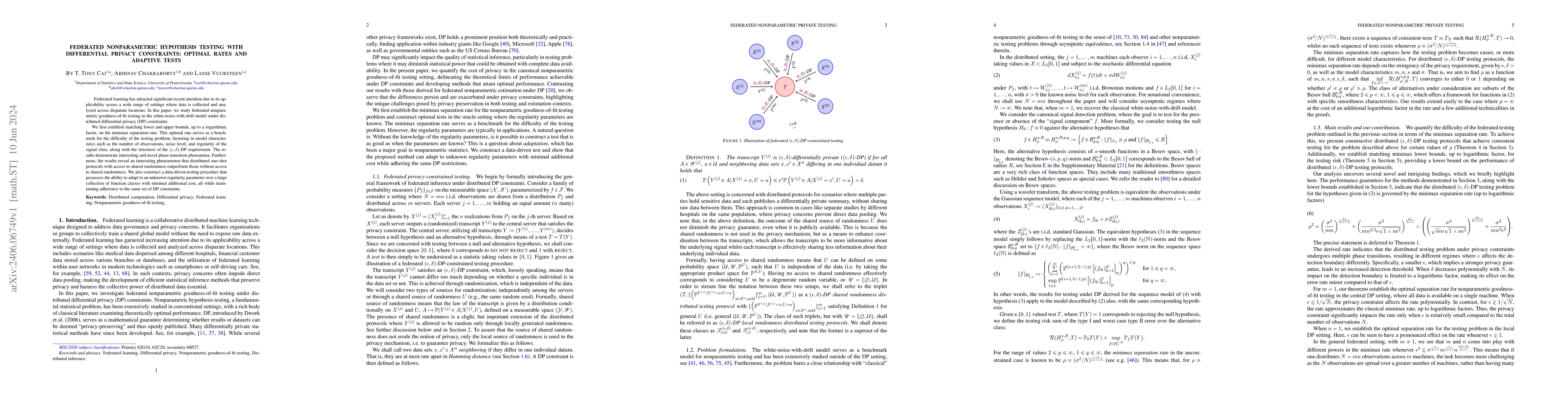 Thumbnail for Federated Nonparametric Hypothesis Testing with Differential Privacy
  Constraints: Optimal Rates and Adaptive Tests