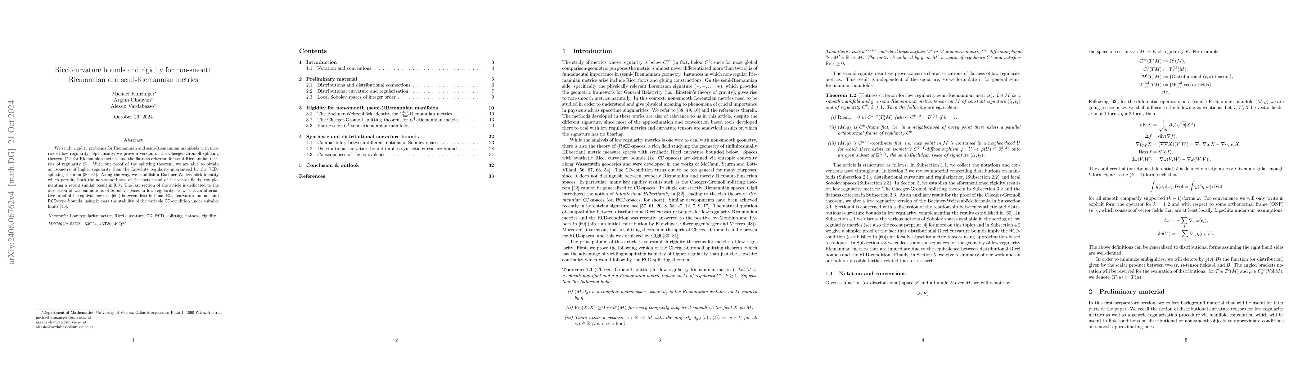 Thumbnail for Ricci curvature bounds and rigidity for non-smooth Riemannian and
  semi-Riemannian metrics
