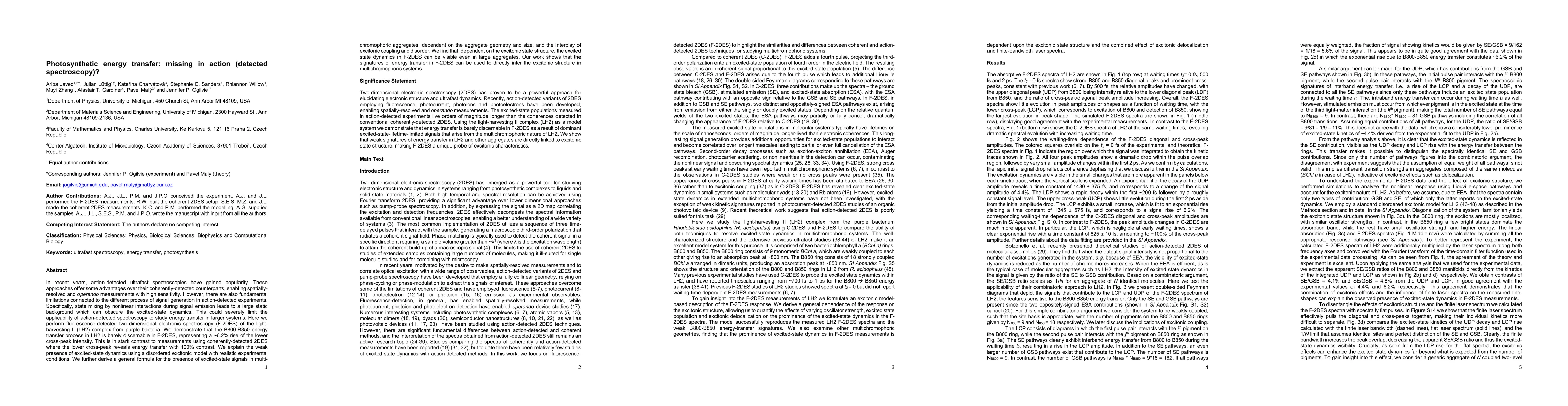 Thumbnail for Photosynthetic energy transfer: missing in action (detected
  spectroscopy)?