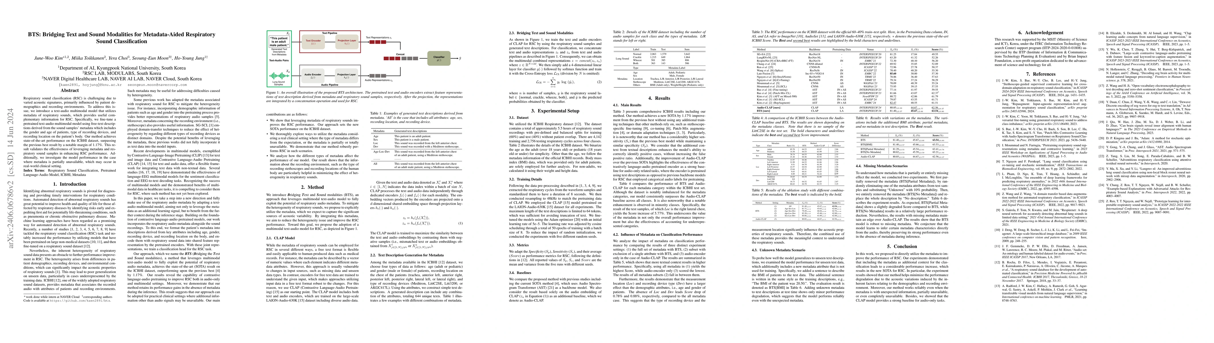 Thumbnail for BTS: Bridging Text and Sound Modalities for Metadata-Aided Respiratory
  Sound Classification