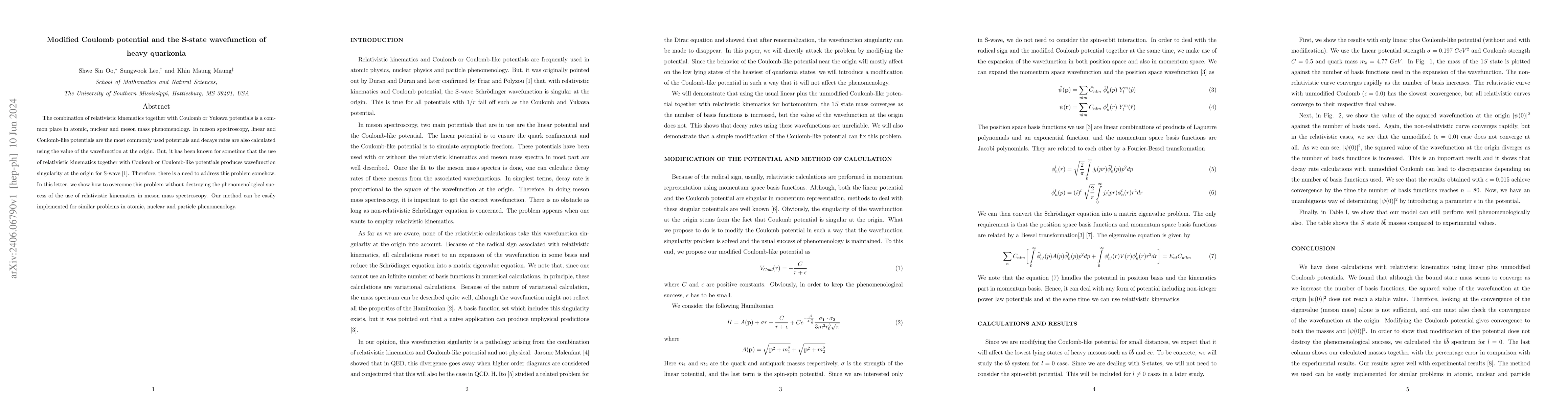 Thumbnail for Modified Coulomb potential and the S-state wavefunction of heavy
  quarkonia