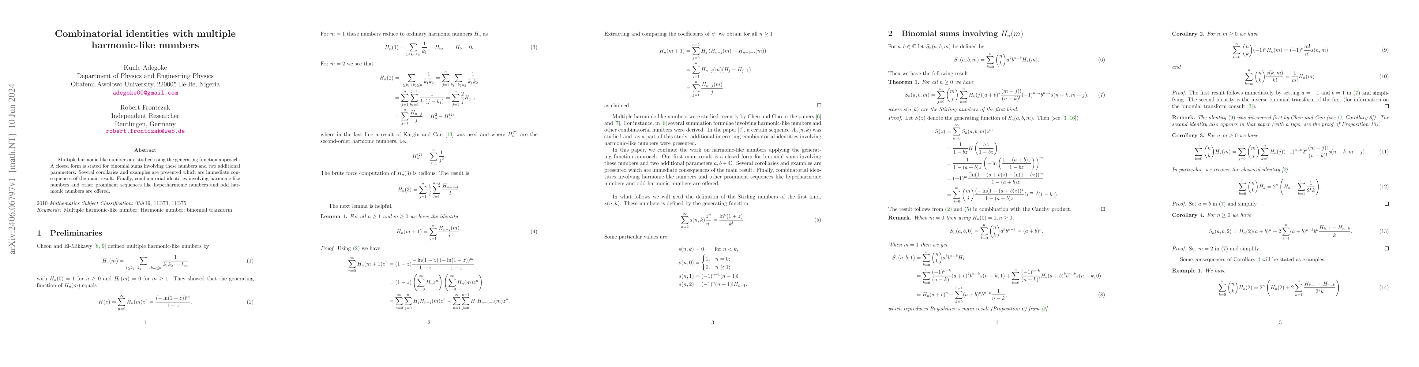 Thumbnail for Combinatorial identities with multiple harmonic-like numbers