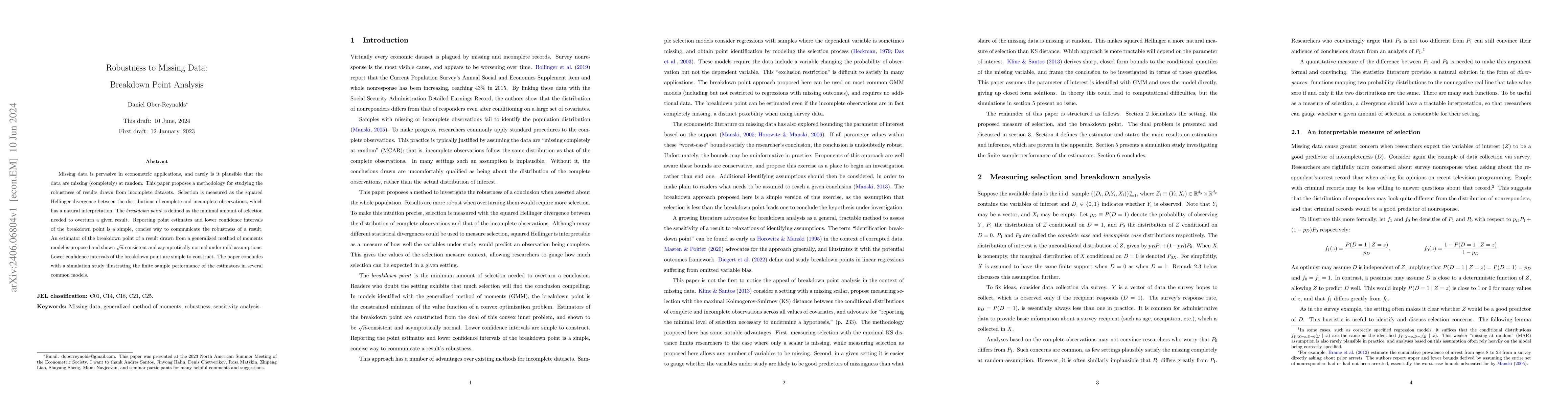 Thumbnail for Robustness to Missing Data: Breakdown Point Analysis