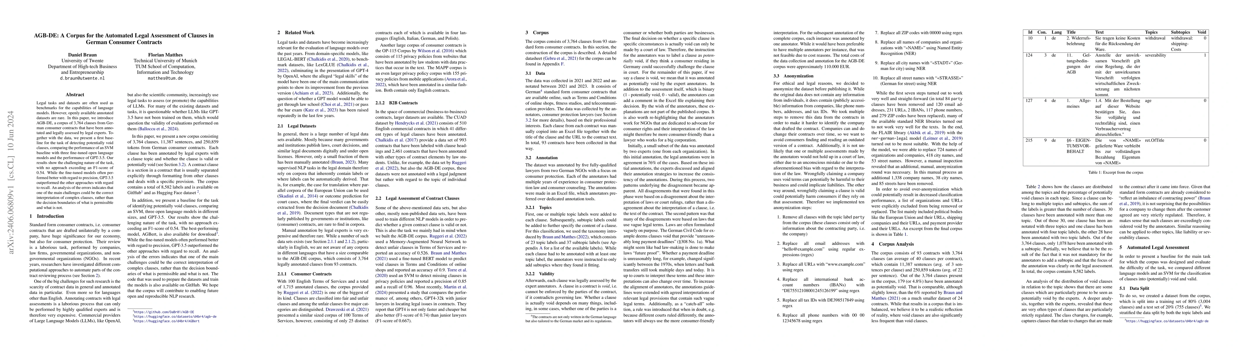 Thumbnail for AGB-DE: A Corpus for the Automated Legal Assessment of Clauses in German
  Consumer Contracts