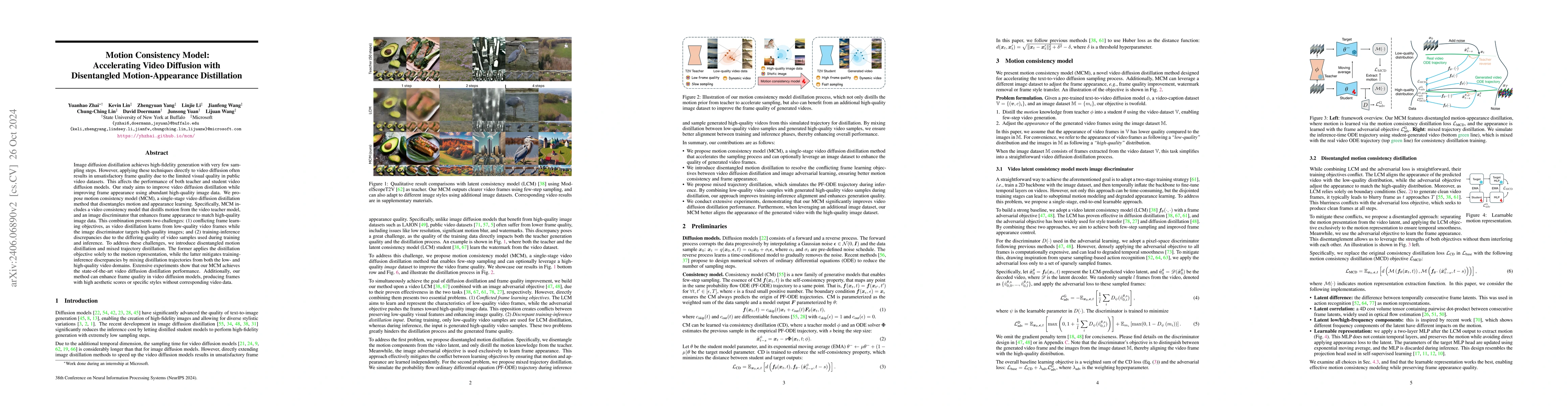 Thumbnail for Motion Consistency Model: Accelerating Video Diffusion with Disentangled
  Motion-Appearance Distillation