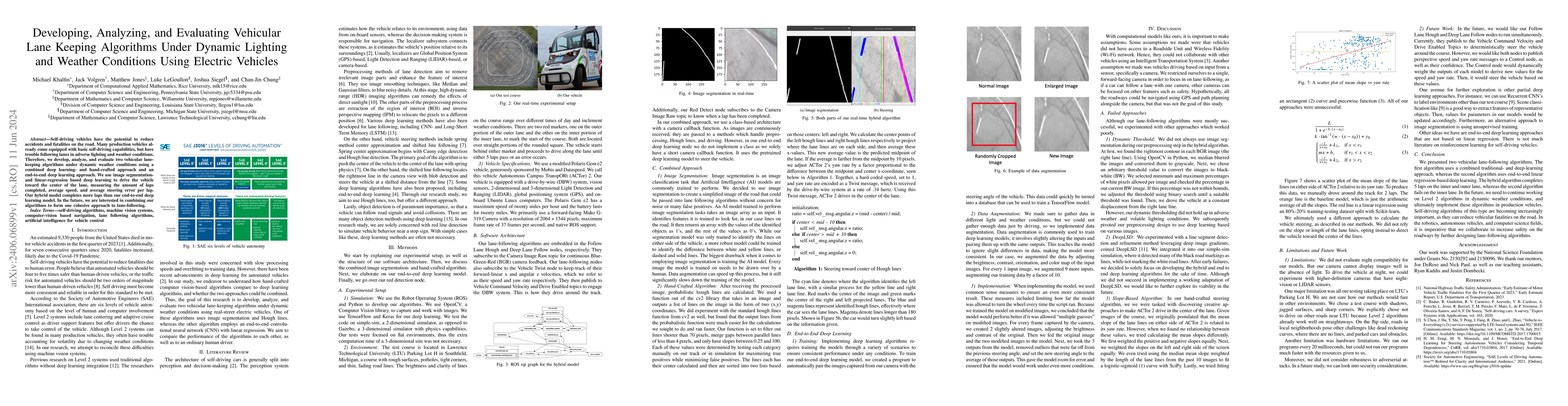 Thumbnail for Developing, Analyzing, and Evaluating Vehicular Lane Keeping Algorithms
  Under Dynamic Lighting and Weather Conditions Using Electric Vehicles
