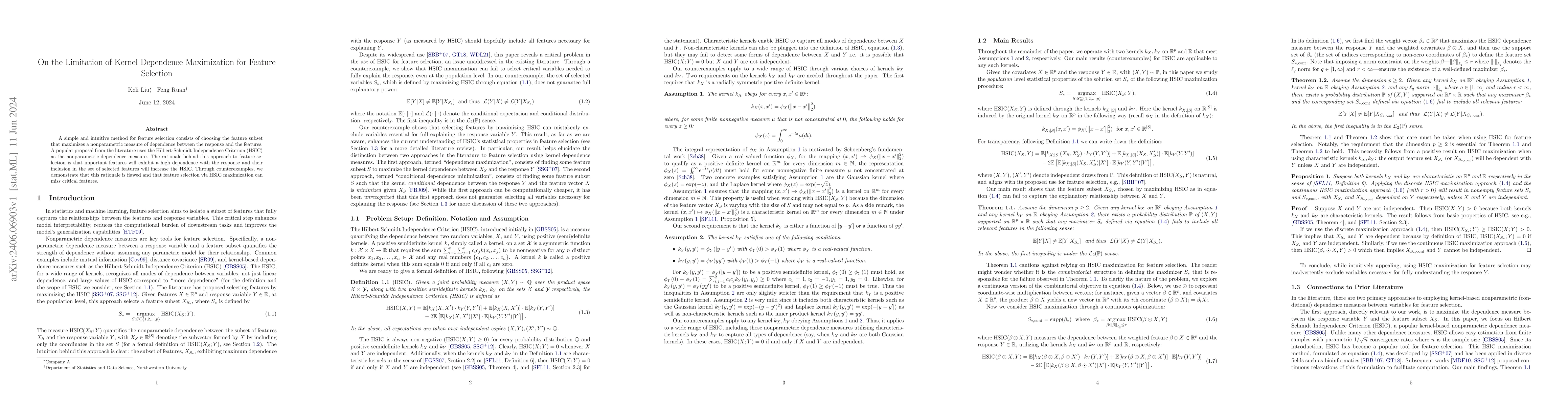 Thumbnail for On the Limitation of Kernel Dependence Maximization for Feature
  Selection