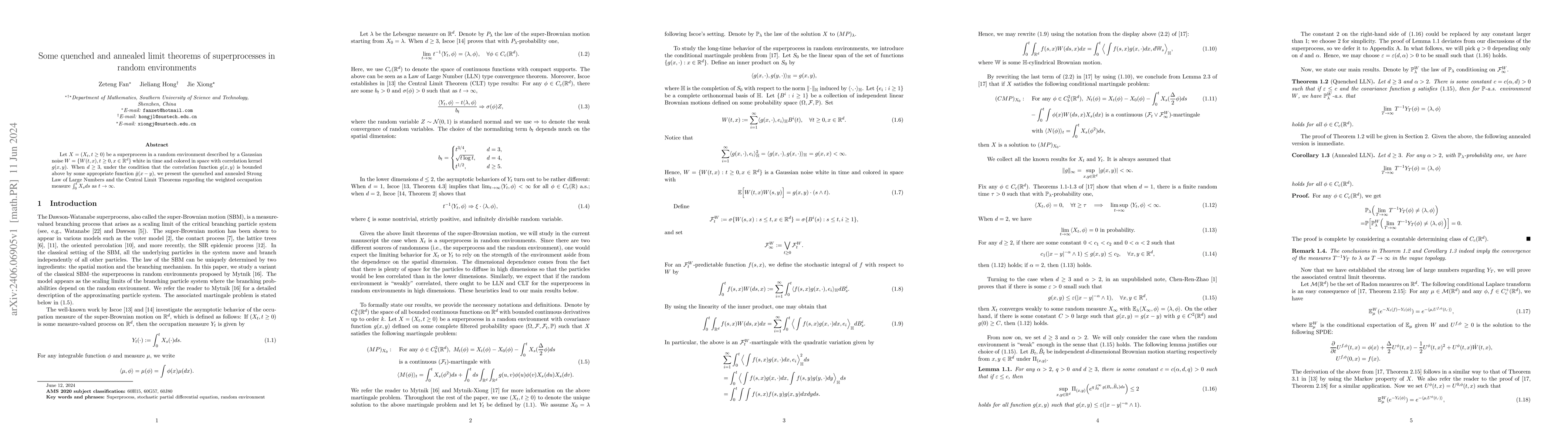 Thumbnail for Some quenched and annealed limit theorems of superprocesses in random
  environments