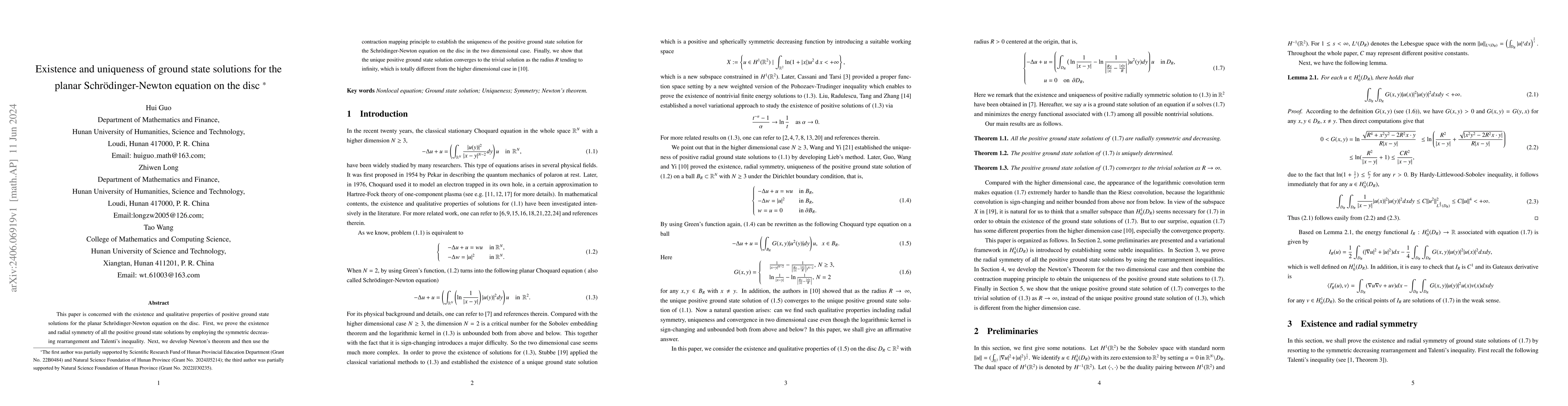 Thumbnail for Existence and uniqueness of ground state solutions for the planar
  Schr\"odinger-Newton equation on the disc