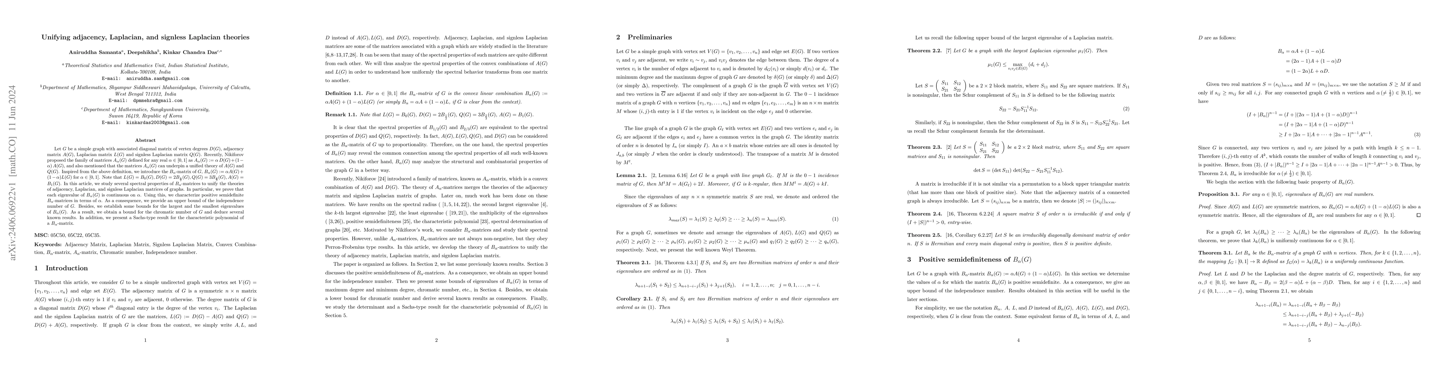 Thumbnail for Unifying adjacency, Laplacian, and signless Laplacian theories