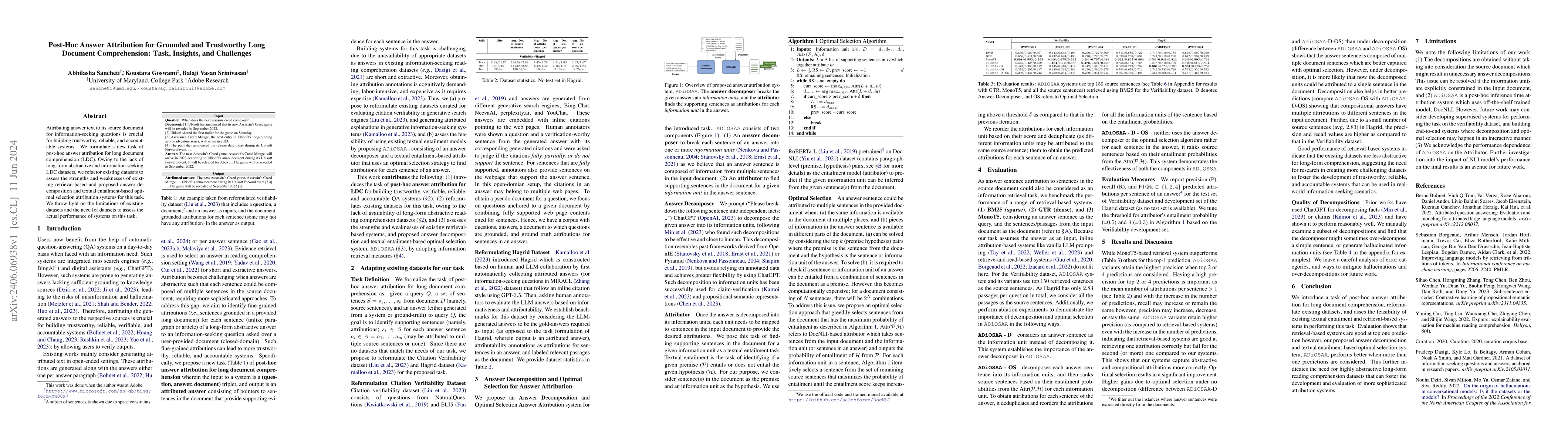 Thumbnail for Post-Hoc Answer Attribution for Grounded and Trustworthy Long Document
  Comprehension: Task, Insights, and Challenges
