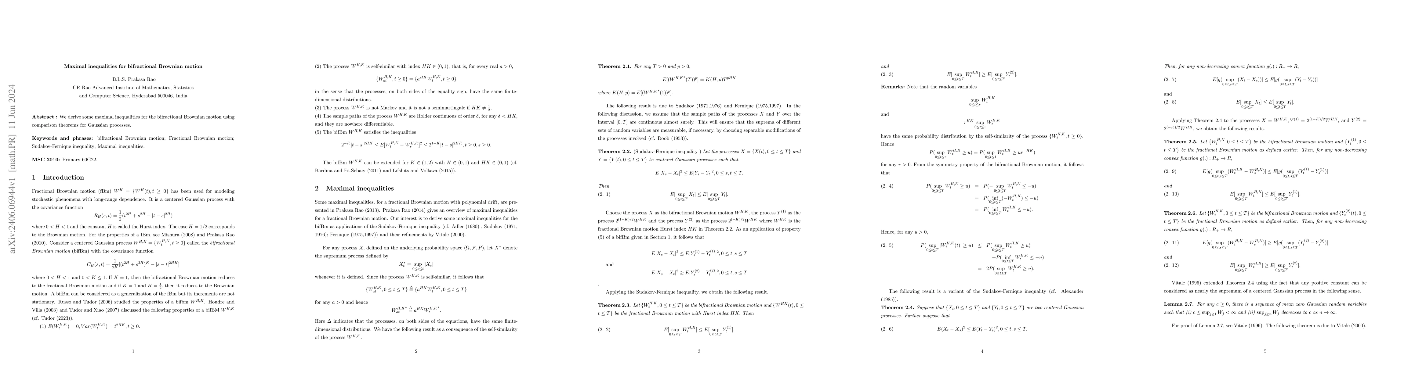 Thumbnail for Maximal inequalities for bifractional Brownian motion