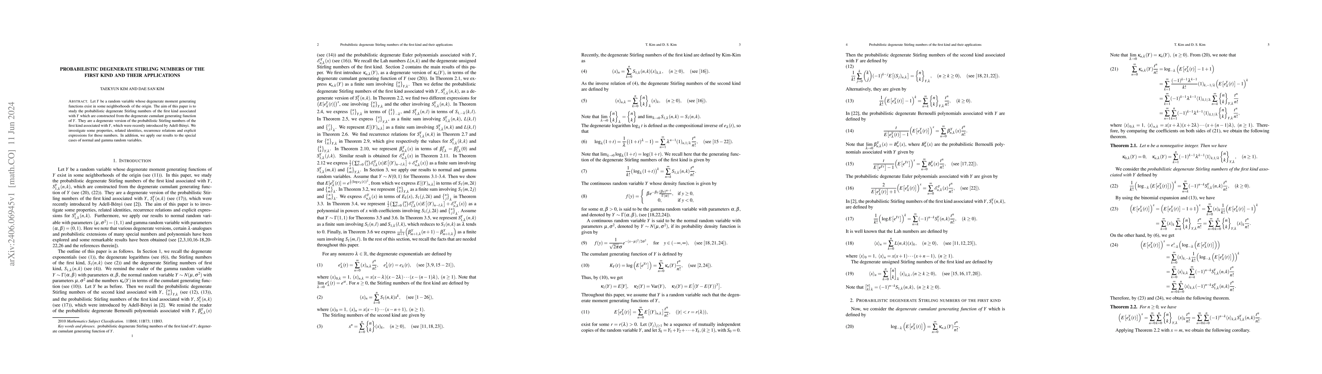 Thumbnail for Probabilistic degenerate Stirling numbers of the first kind and their
  applications