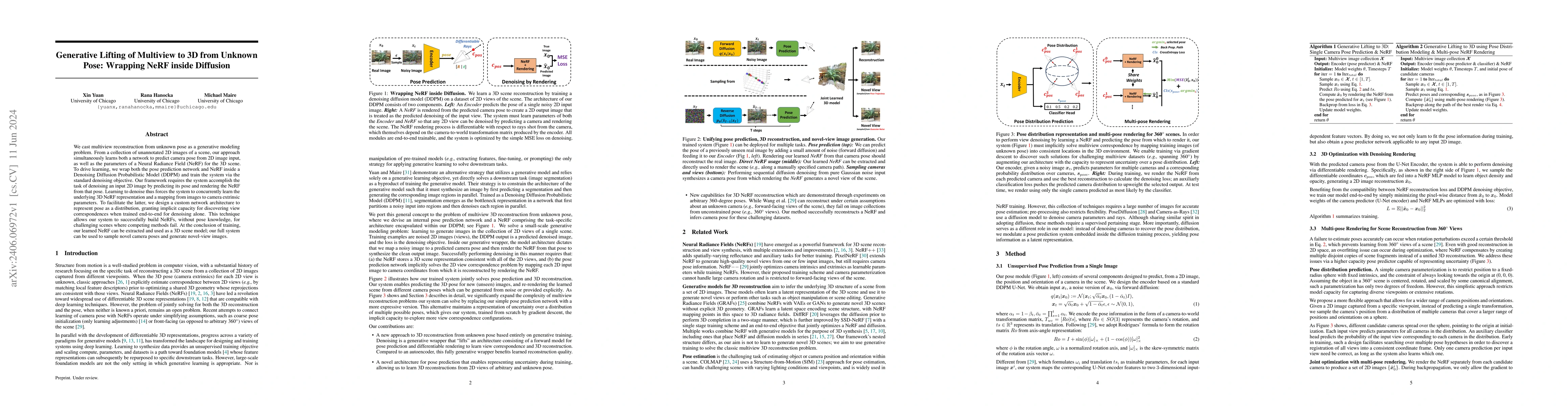 Thumbnail for Generative Lifting of Multiview to 3D from Unknown Pose: Wrapping NeRF
  inside Diffusion