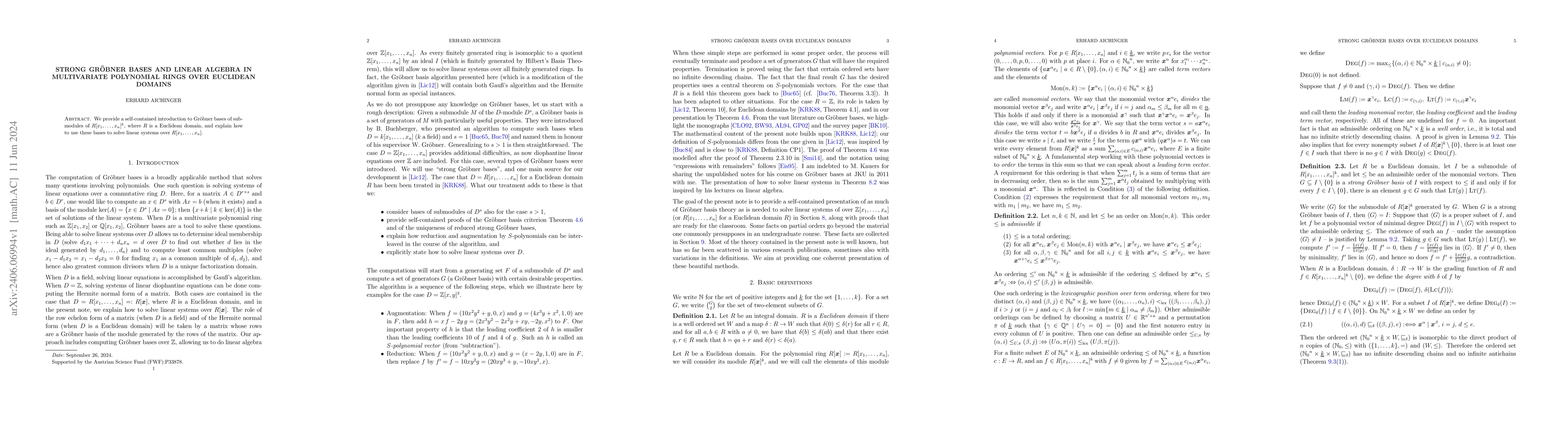 Thumbnail for Strong Gr\"obner bases and linear algebra in multivariate polynomial
  rings over Euclidean domains