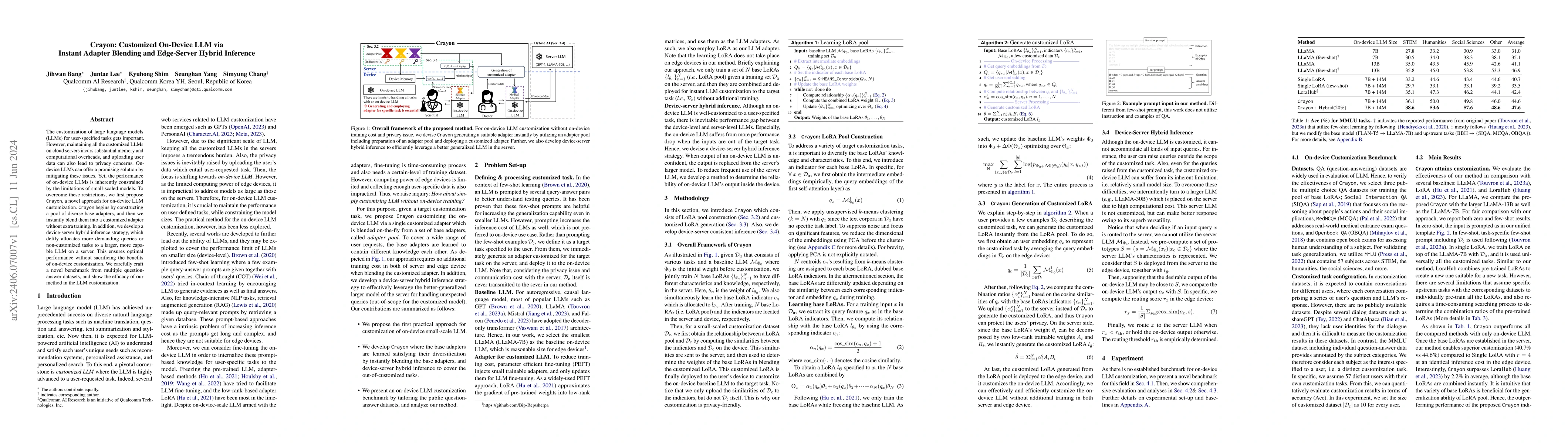 Thumbnail for Crayon: Customized On-Device LLM via Instant Adapter Blending and
  Edge-Server Hybrid Inference