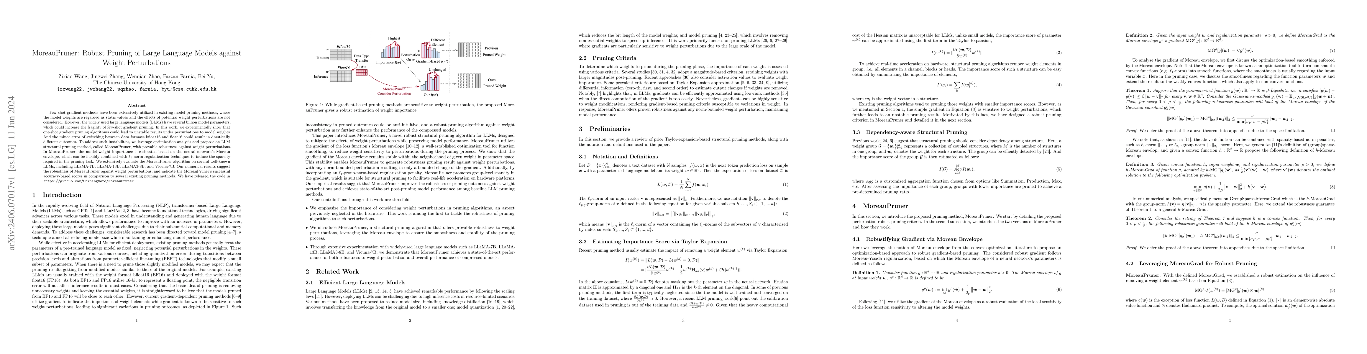 Thumbnail for MoreauPruner: Robust Pruning of Large Language Models against Weight
  Perturbations