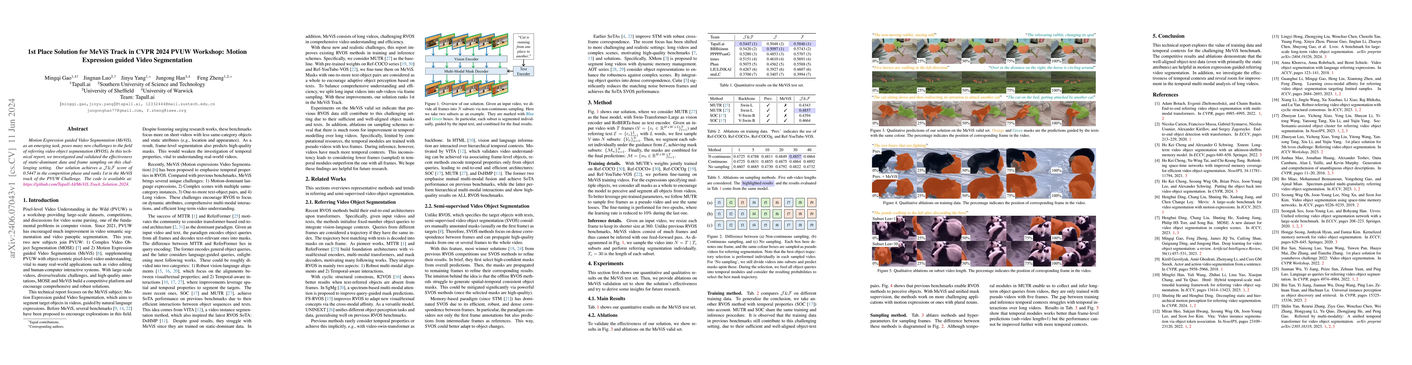 Thumbnail for 1st Place Solution for MeViS Track in CVPR 2024 PVUW Workshop: Motion
  Expression guided Video Segmentation