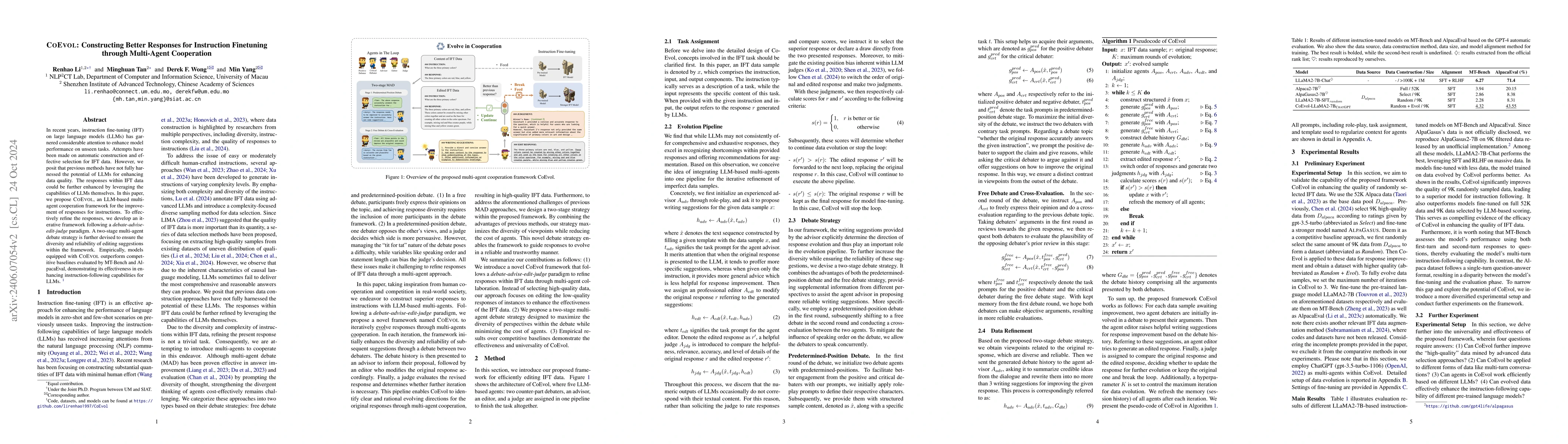 Thumbnail for CoEvol: Constructing Better Responses for Instruction Finetuning through
  Multi-Agent Cooperation