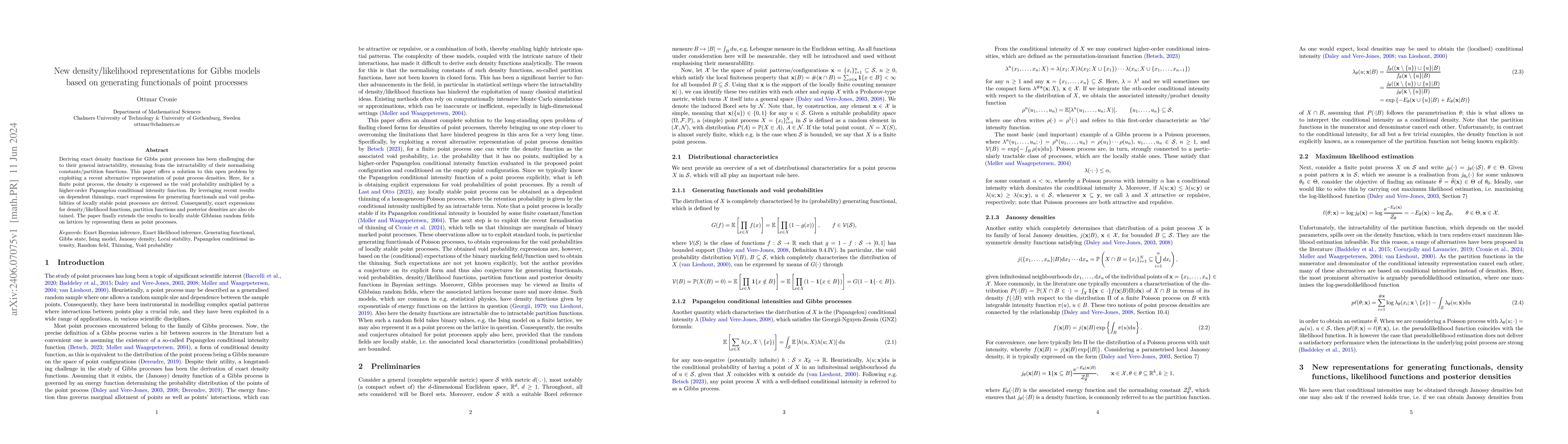 Thumbnail for New density/likelihood representations for Gibbs models based on
  generating functionals of point processes