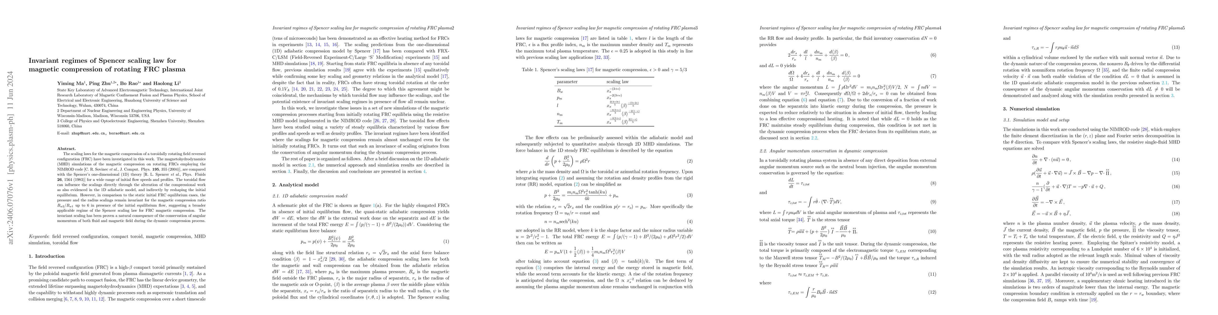 Thumbnail for Invariant regimes of Spencer scaling law for magnetic compression of
  rotating FRC plasma