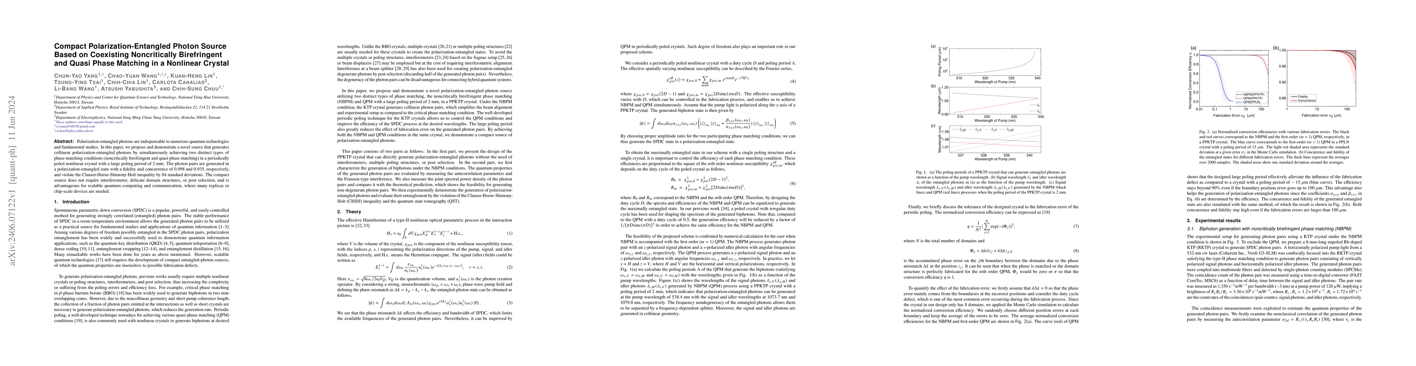Thumbnail for Compact Polarization-Entangled Photon Source Based on Coexisting
  Noncritically Birefringent and Quasi Phase Matching in a Nonlinear Crystal