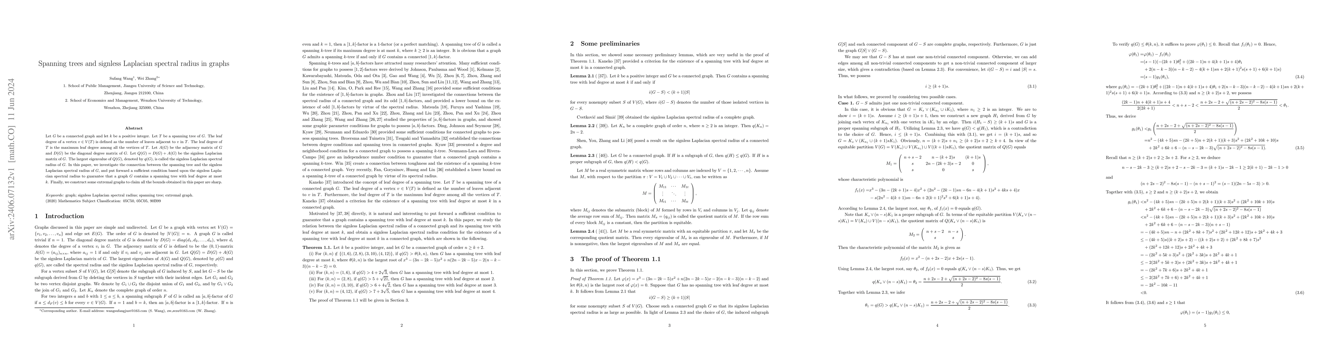 Thumbnail for Spanning trees and signless Laplacian spectral radius in graphs