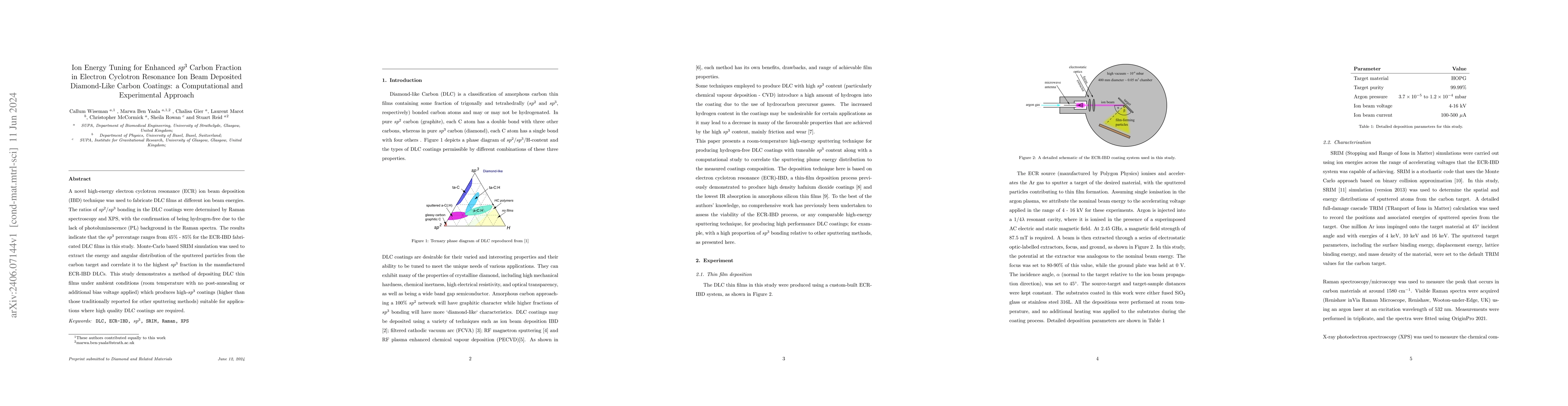 Thumbnail for Ion Energy Tuning for Enhanced sp3 Carbon Fraction in Electron Cyclotron
  Resonance Ion Beam Deposited Diamond-Like Carbon Coatings: a Computational
  and Experimental Approach