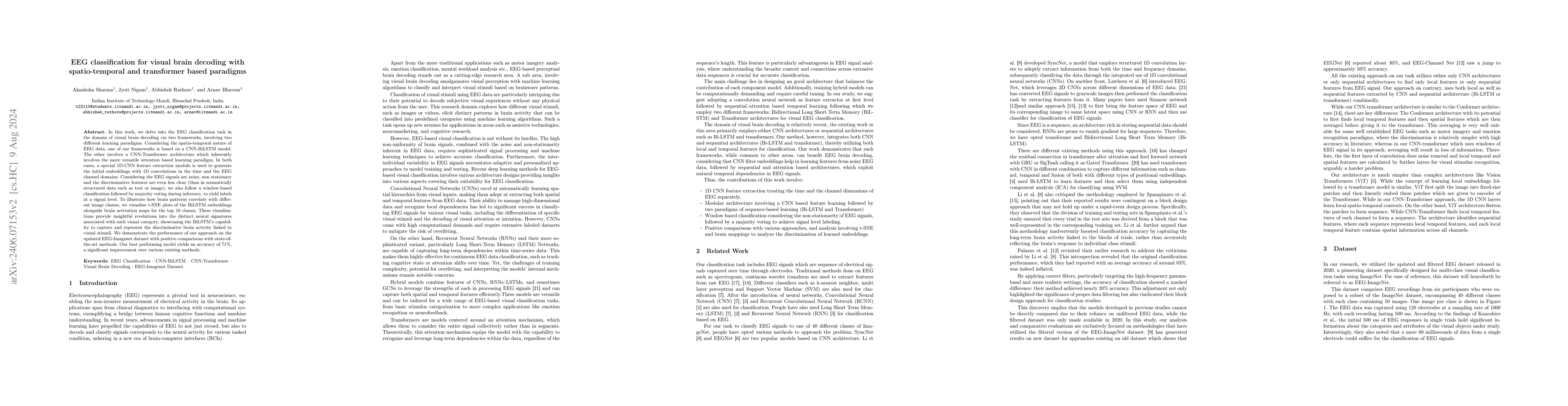 Thumbnail for EEG classification for visual brain decoding with spatio-temporal and
  transformer based paradigms