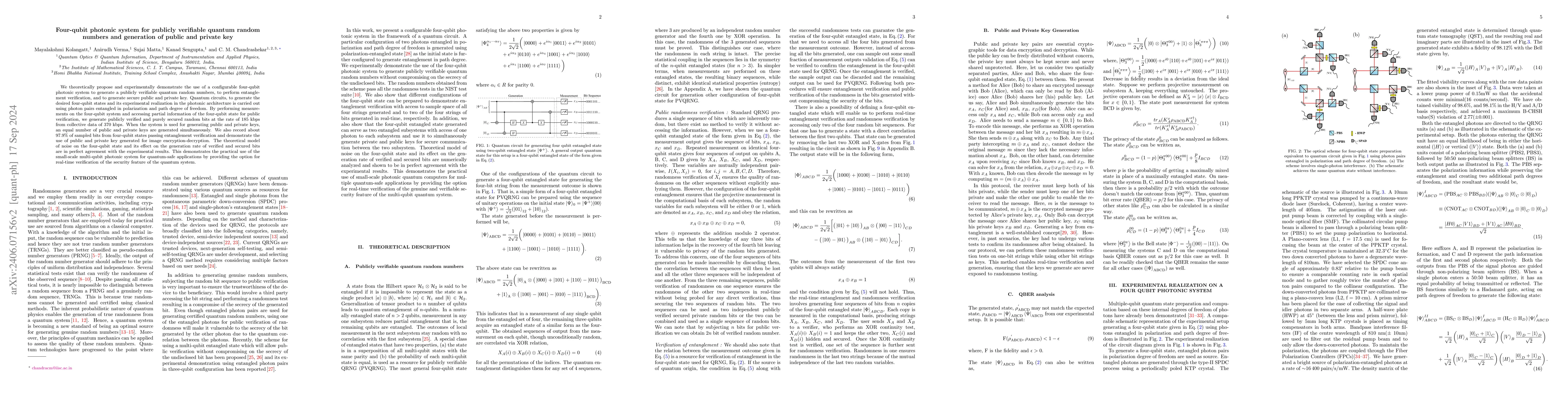 Thumbnail for Four-qubit photonic system for publicly verifiable quantum random
  numbers and generation of public and private key