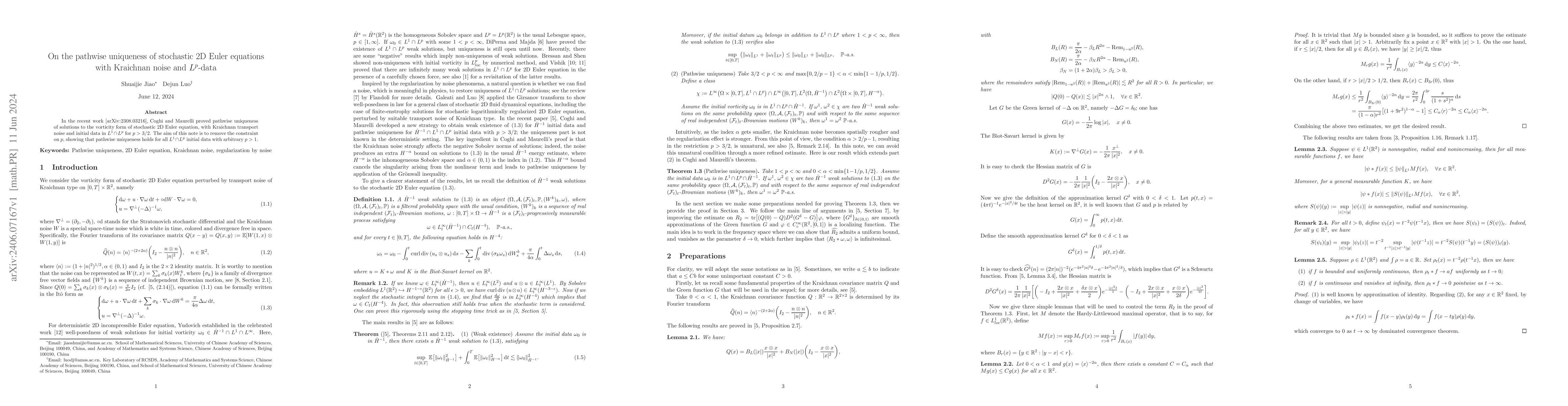 Thumbnail for On the pathwise uniqueness of stochastic 2D Euler equations with
  Kraichnan noise and $L^p$-data