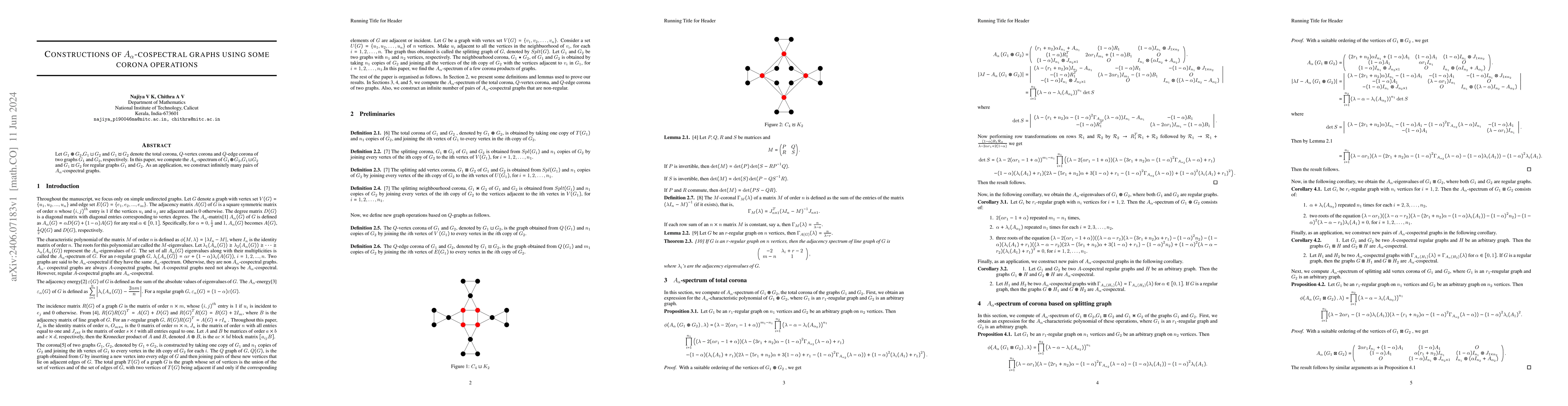 Thumbnail for Constructions of $A_\alpha$-cospectral graphs using some corona
  operations