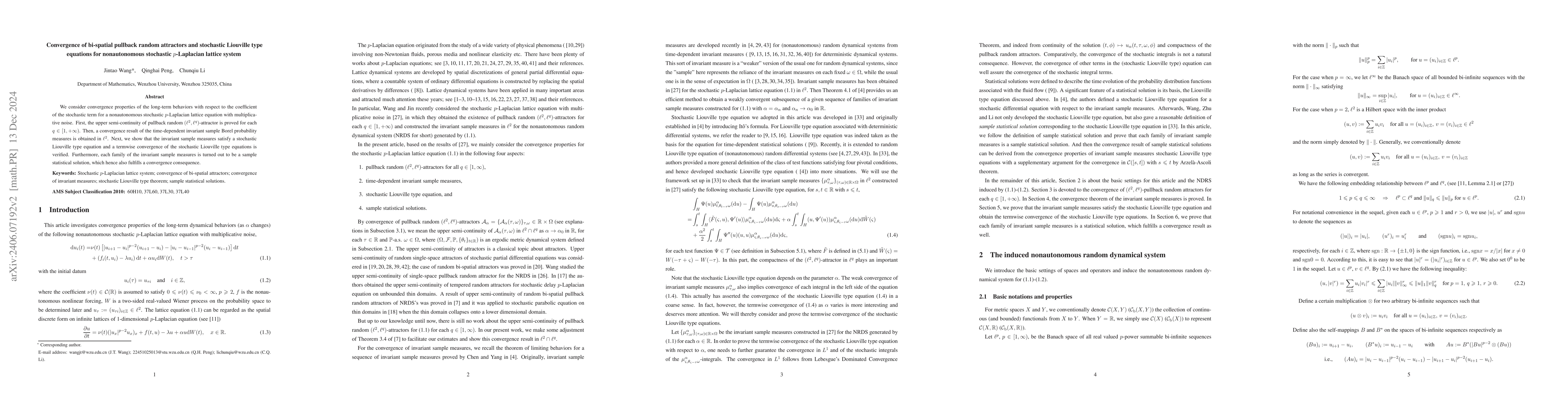 Thumbnail for Convergence of bi-spatial pullback random attractors and stochastic
  Liouville type equations for nonautonomous stochastic p-Laplacian lattice
  system