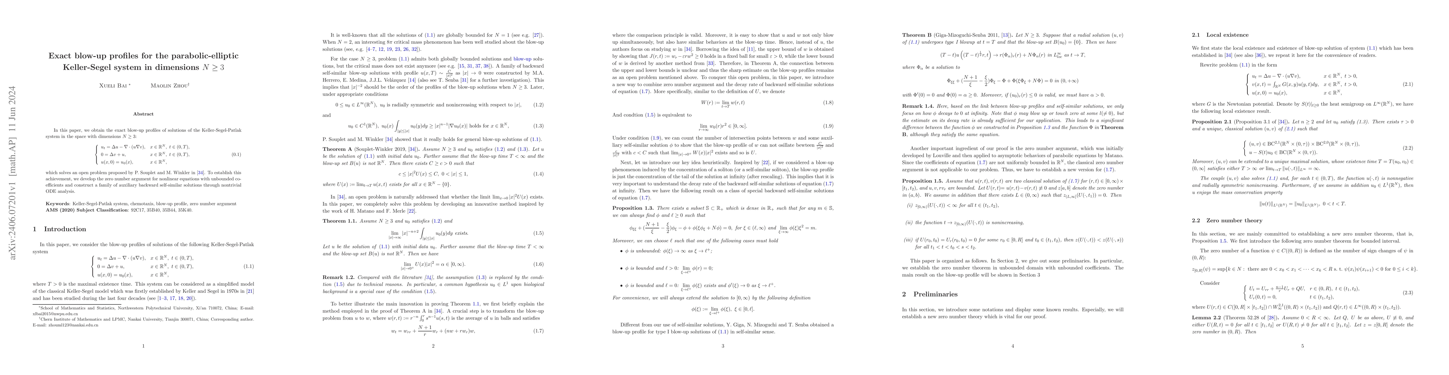 Thumbnail for Exact blow-up profiles for the parabolic-elliptic Keller-Segel system in
  dimensions $N\ge 3$