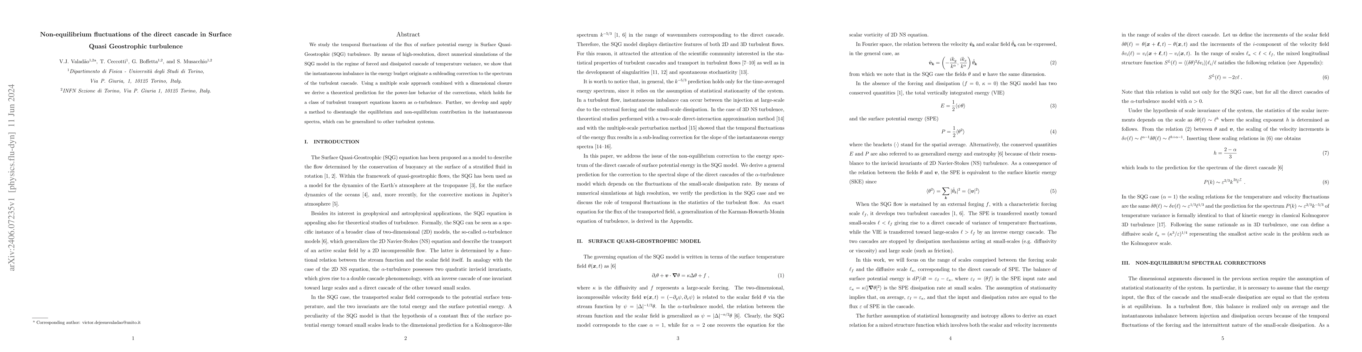 Thumbnail for Non-equilibrium fluctuations of the direct cascade in Surface Quasi
  Geostrophic turbulence