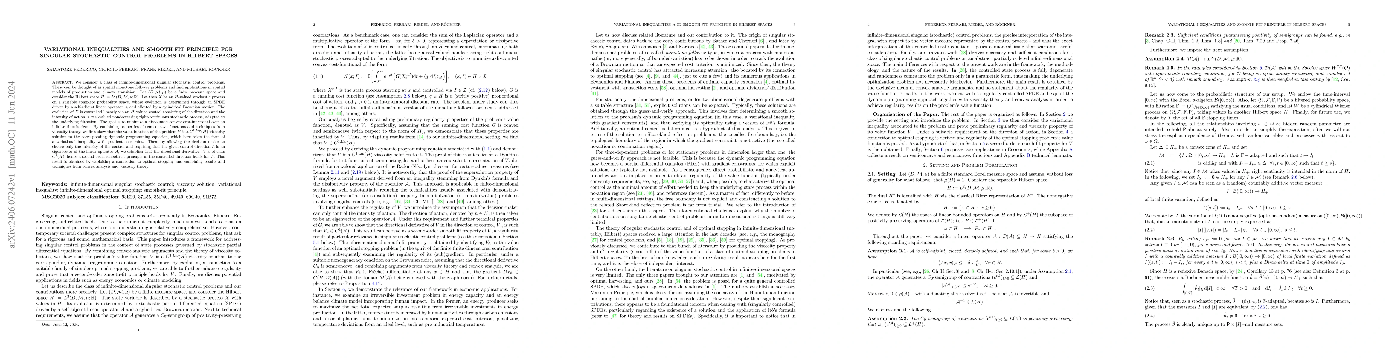 Thumbnail for Variational inequalities and smooth-fit principle for singular
  stochastic control problems in Hilbert spaces