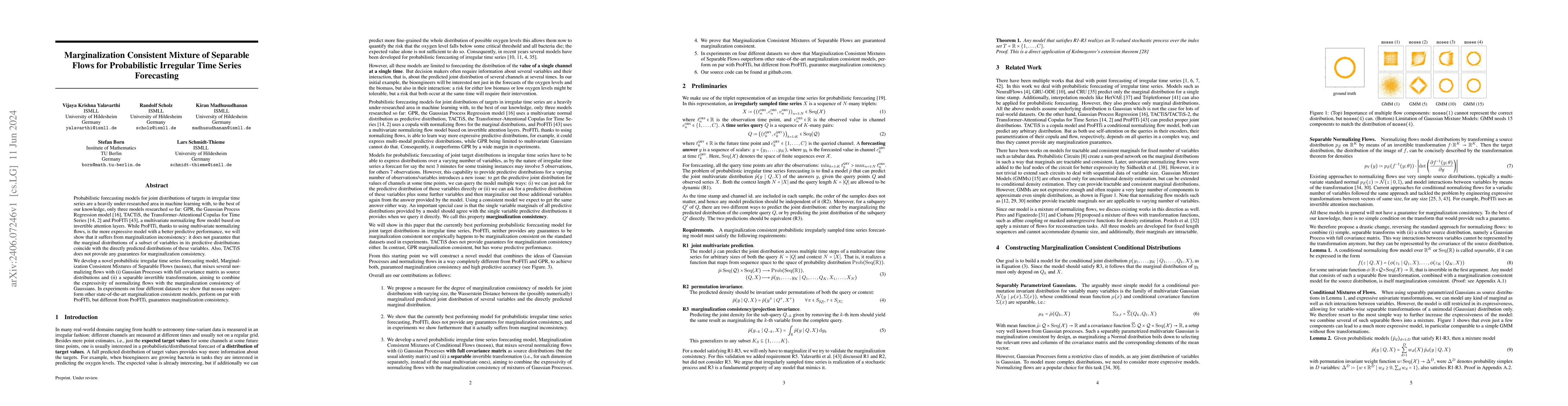 Thumbnail for Marginalization Consistent Mixture of Separable Flows for Probabilistic
  Irregular Time Series Forecasting