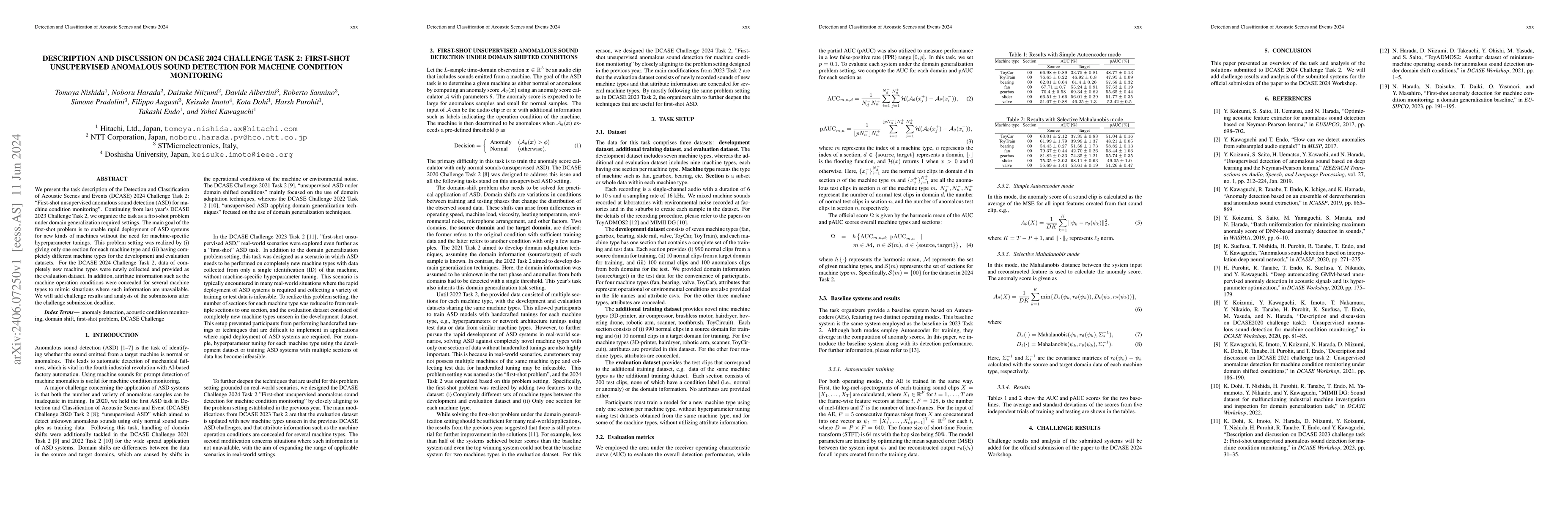 Thumbnail for Description and Discussion on DCASE 2024 Challenge Task 2: First-Shot
  Unsupervised Anomalous Sound Detection for Machine Condition Monitoring