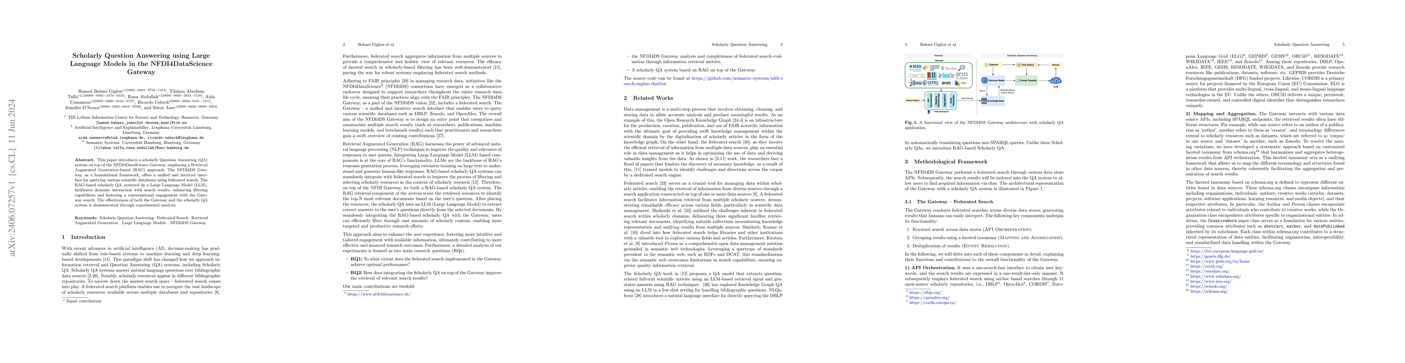 Thumbnail for Scholarly Question Answering using Large Language Models in the
  NFDI4DataScience Gateway
