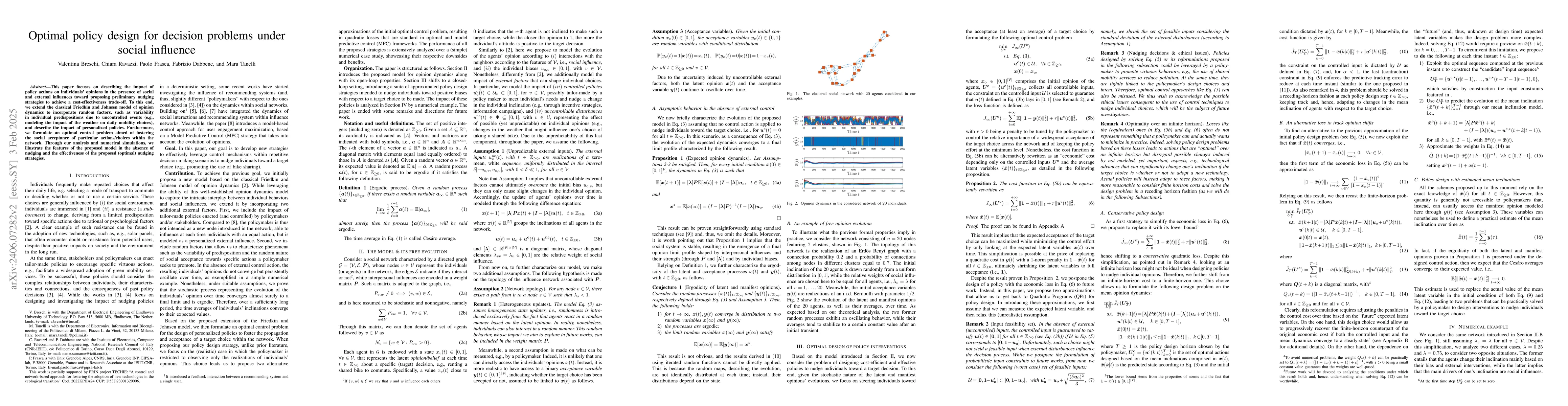 Thumbnail for Optimal policy design for decision problems under social influence